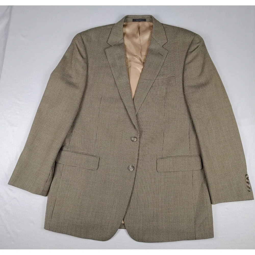 Chaps Sport Coat Mens 44L Brown Tan Check 100% Wool Two Button Blazer Jacket